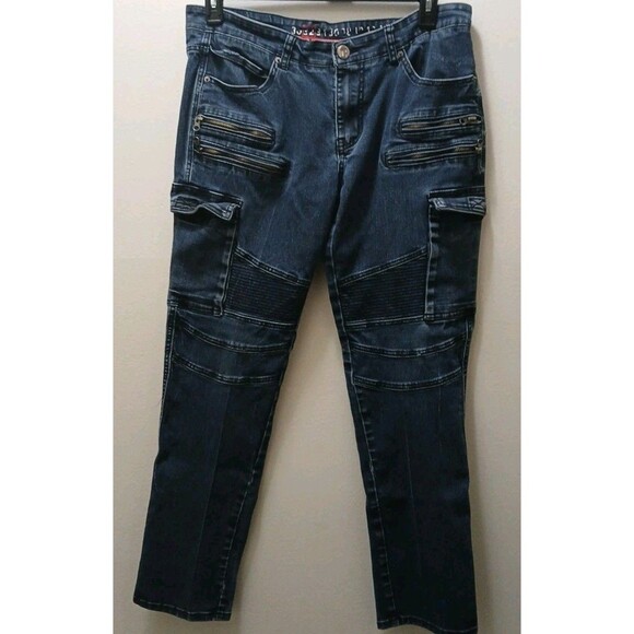 Denim House Mens Dark Wash Biker/Cargo Denim Jeans Zipper 32-32 *Rare* - Picture 1 of 16